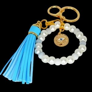 Pearl Aquamarine Evil Eye Blue Tassel Gold Beaded Bag Charm 00s Key Clip Birkin